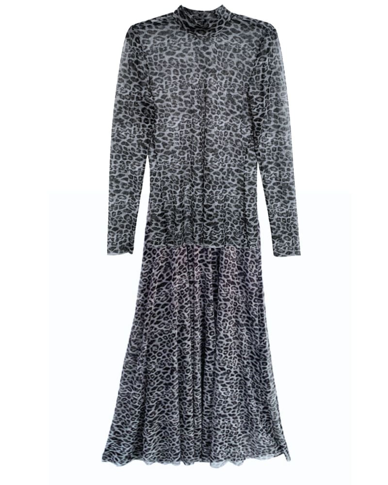Front of a size 5 Mesh Snow Leopard 2 Piece Dress Set in Snow Leopard by BAACAL. | dia_product_style_image_id:315975